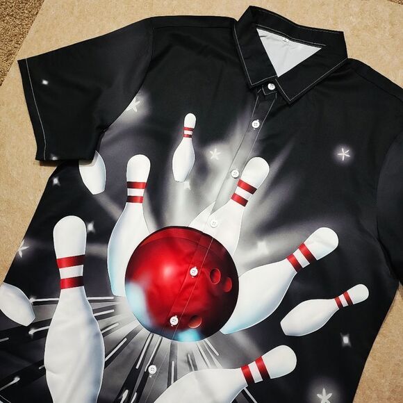 Bowling Graphic Black Button Down Short Sleeve Shirt #4 - Picture 2 of 6